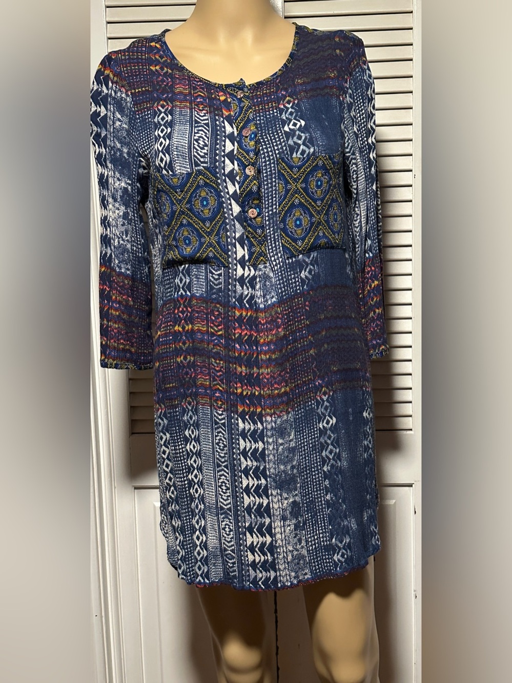 Anthropologie Fig & Flower Boho Geometric Tunic Blouse Blue 3/4 Sleeve Medium